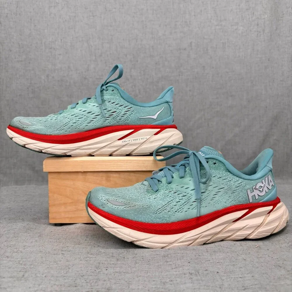 Hoka One One Clifton 8 Shoes Blue & Red Mesh Running Lace Up Women's 7